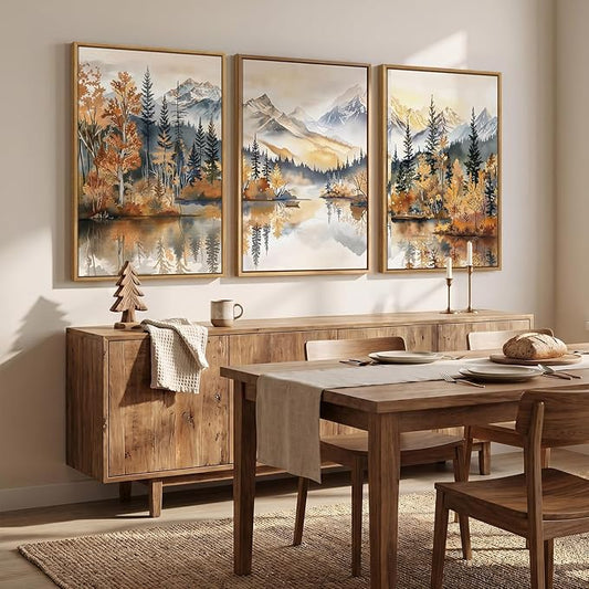 Framed Mountain Forest Landscape Wall Art for Living Room, 3 Piece Orange Neutral Scenic Print Canvas Artwork for Walls, Large Rustic Nature Autumn Picture Wall Decor for Dining Room Hallway, 24x36 In