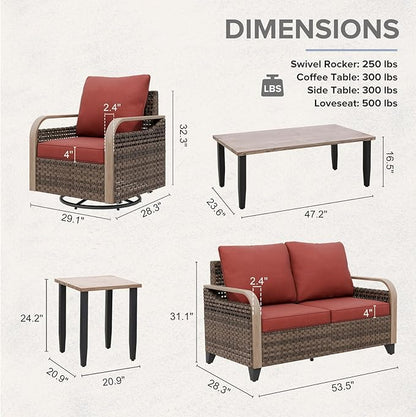 COOS BAY Modern Wicker Outdoor Furniture Set, Patio Conversation Set with Swivel Rockers, 2 Seat Loveseat, Coffee Table and Side Table, 5 Piece, Brown/Red