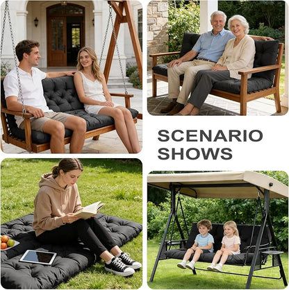 Porch Swing Cushions,Outdoor Cushions 3 Seater Replacement with Backrest, Waterproof Thickened Bench Cushion with Ties for Porch, Patio,Outdoor, Backyard and Garden (Black 47 * 40 in)