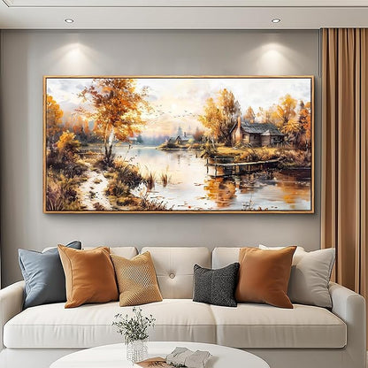QIYILEXWART Canvas Wall Art For Living Room Large Wall Decor For Office Bedroom Decorations Lakeside Cabins Autumn Landscape Pictures Farmhouse Painting Artwork Room Wall Mural Home Decor 30x60 In