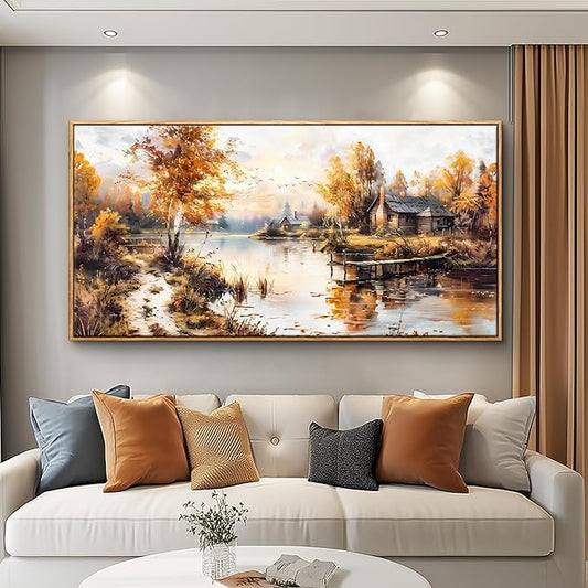 QIYILEXWART Canvas Wall Art For Living Room Wall Decor For Bedroom Office Wall Decoration Lakeside Cabins Autumn Landscape Painting Farmhouse Pictures Artwork Room Aesthetic Home Decor 20x40 In