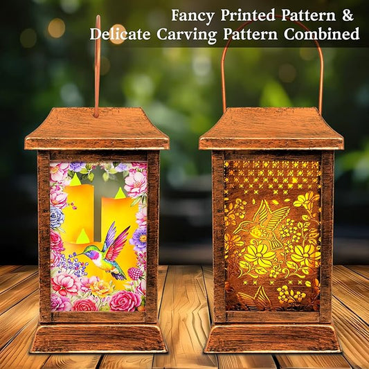Hummingbird Solar Lanterns Outdoor Waterproof, Metal & Glass Hanging Lights Garden Decor, Birthday Gifts for Christmas Women Mom Mothers Day, Decorative Lights for Outside Yard Patio Backyard Porch