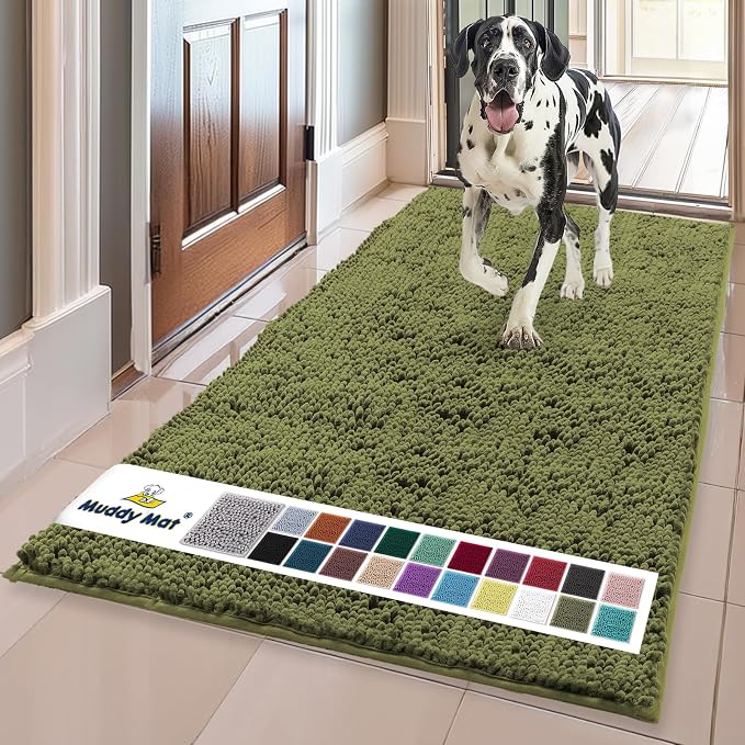 Muddy Mat® | Super Water Absorbent Door Mat Indoor, Microfiber Quick Dry Chenille Entryway Rug,Slip Resistant Front Door Mat,Indoor Mats for Entryway,Machine Washable Pet Rug, Army Green 24" x 120"