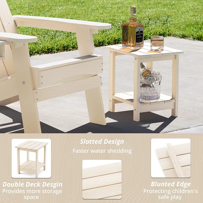 LUE BONA Adirondack Outdoor Side Table, 2-Tier Sand HDPS Patio End Table Weather Resistant, Morden Side Table for Patio, Pool, Porch