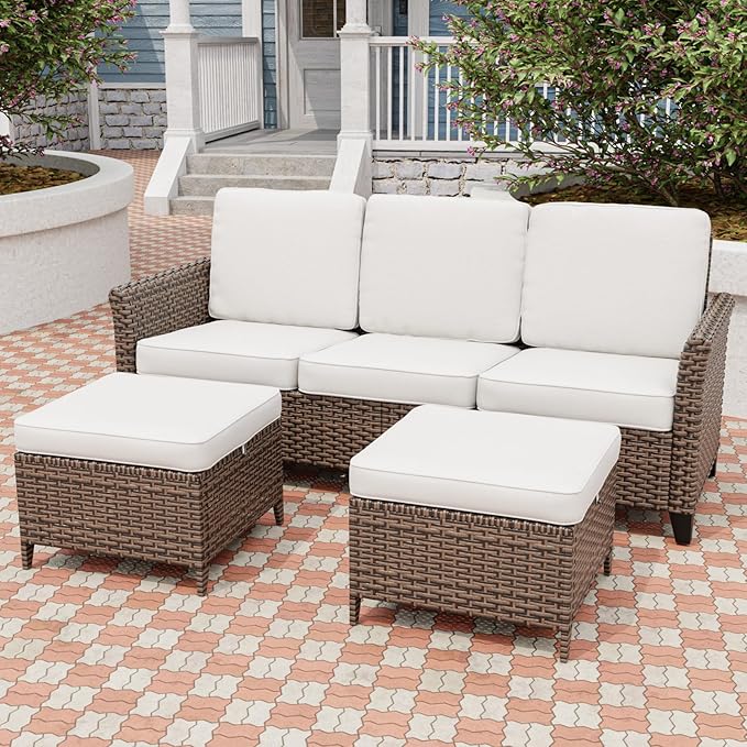 Canyon Ridge Wicker Patio Sofa with 2 Ottomans, Small Balcony Furniture, Outdoor Furniture Set, 3 Seat Couch, Brown/Beige