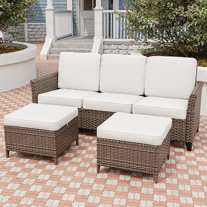 Canyon Ridge Wicker Patio Sofa with 2 Ottomans, Small Balcony Furniture, Outdoor Furniture Set, 3 Seat Couch, Brown/Beige