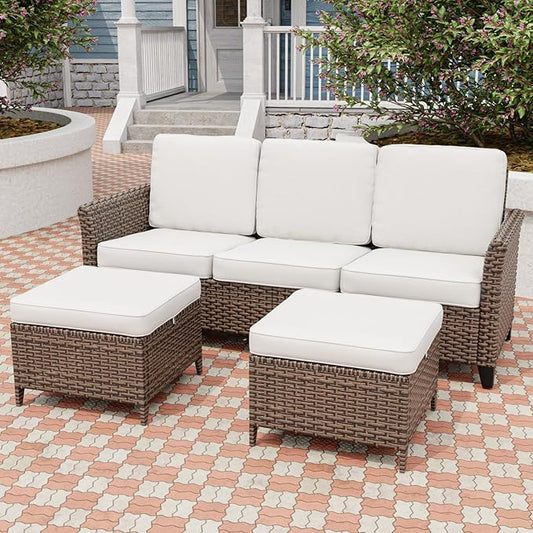 Canyon Ridge Wicker Patio Sofa with 2 Ottomans, Small Balcony Furniture, Outdoor Furniture Set, 3 Seat Couch, Brown/Beige