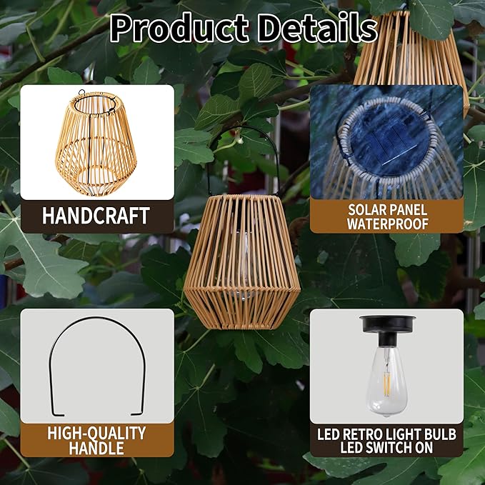 YAKii 2 Pack Solar Lantern Hanging Waterproof Outdoor Handmade Solar Lamp with Plastic Rattan Design Bohemian Style Decoration for Garden Yard Patio Porch Trees Lawn Pathway Decor