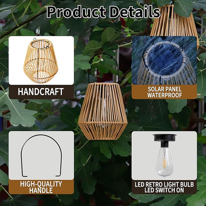YAKii 2 Pack Solar Lantern Hanging Waterproof Outdoor Handmade Solar Lamp with Plastic Rattan Design Bohemian Style Decoration for Garden Yard Patio Porch Trees Lawn Pathway Decor