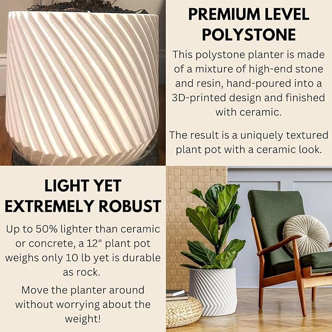 Fox & Fern Large 12 Inch Planter with Drainage Plug — Premium Polystone White Plant Pot - Modern Planter with 3D Texture and Ceramic Finish - 12 Inch Pots for Plants Indoor & Outdoor