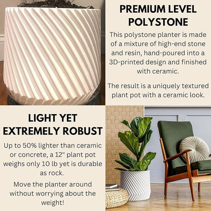 Fox & Fern Large 12 Inch Planter with Drainage Plug — Premium Polystone White Plant Pot - Modern Planter with 3D Texture and Ceramic Finish - 12 Inch Pots for Plants Indoor & Outdoor