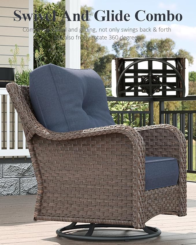 LayinSun 5 Piece Wicker Outdoor Furniture Set with 6-inch Comfy Cushions, High Back Patio Furniture Set with Swivel Rocking Chairs and Fire Pit Table