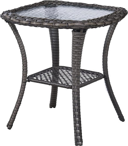 Patio Tables Wicker Side Table - Rattan End Table with Glass Top for Outdoor Outside Patio Porch Deck Square Brown