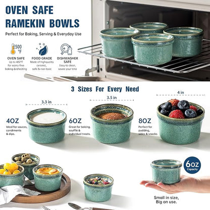 Ramekins 6 oz Oven Safe for Creme Brulee, Souffle Dishes - Ceramic Baking Bowls Set of 4 for Pudding Cups, Custard, Ice Cream, Dips and Appetizers - Moss Green