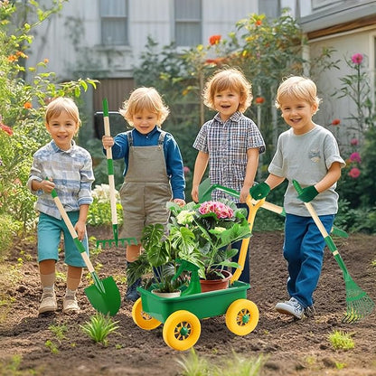 Duckura Kids Gardening Tools Set - 7pcs Wheelbarrow Set Outdoor Toy for Kids with Shovel, Rake, Leaf Rake, Yard Digging Weed Toys, Easter Birthday Gifts for Boys Girls Age 2 3+Years Old(Yellow)