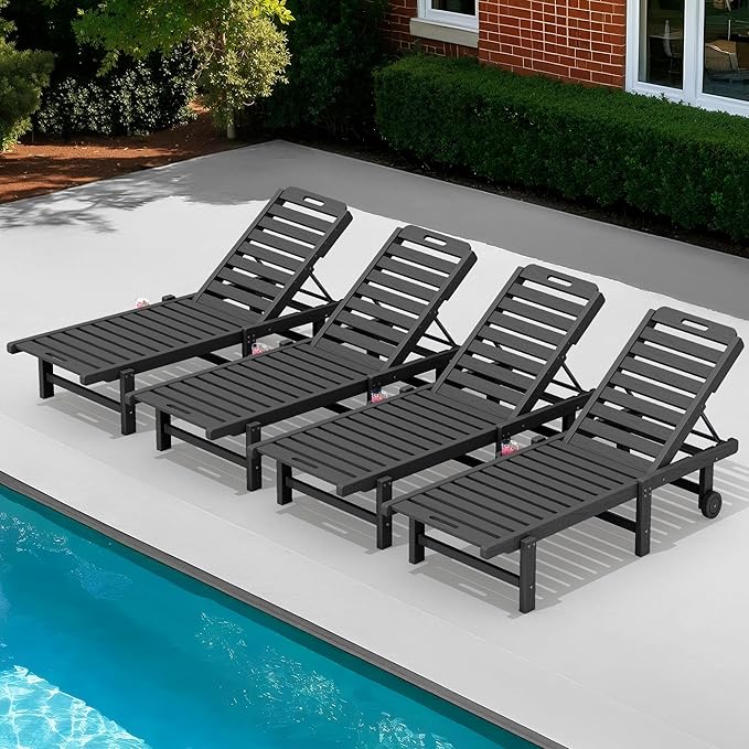 SERWALL Patio Chaise Lounge Set of 4, 78" Length Outdoor Lounge Chair with 5 Positions Adjustable Backrest, HDPE Lounge Chair with Rolling Wheels & Cup Holder for Poolside, Beach, Garden, Grey