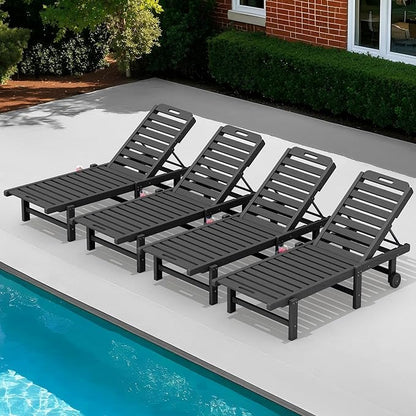 SERWALL Patio Chaise Lounge Set of 4, 78" Length Outdoor Lounge Chair with 5 Positions Adjustable Backrest, HDPE Lounge Chair with Rolling Wheels & Cup Holder for Poolside, Beach, Garden, Grey