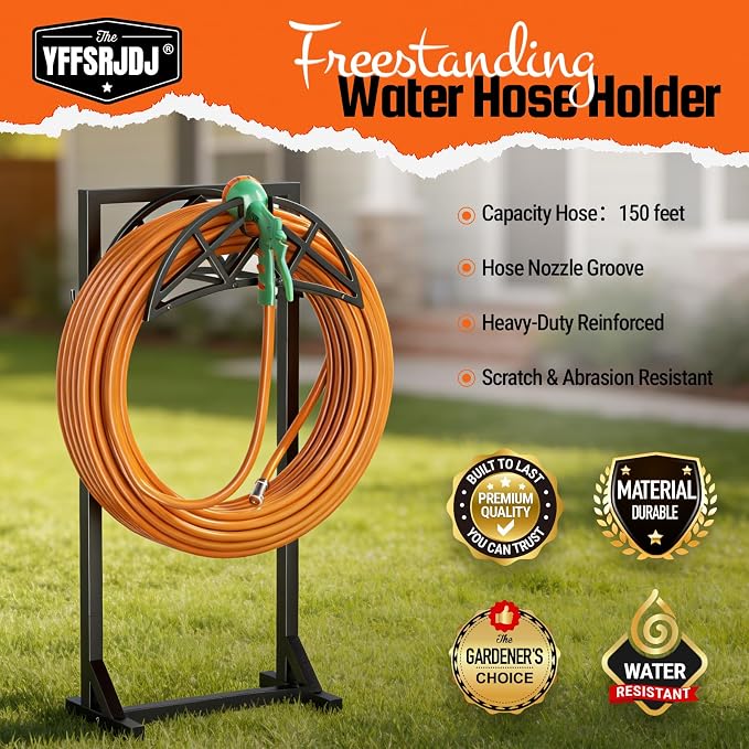 Garden Hose Holder, Heavy-Duty Water Hose Reel with Stable Base & 2 Tool Hooks, Freestanding Storage Rack for Outside, Holds 150ft – Metal Stand for Yard & Lawn