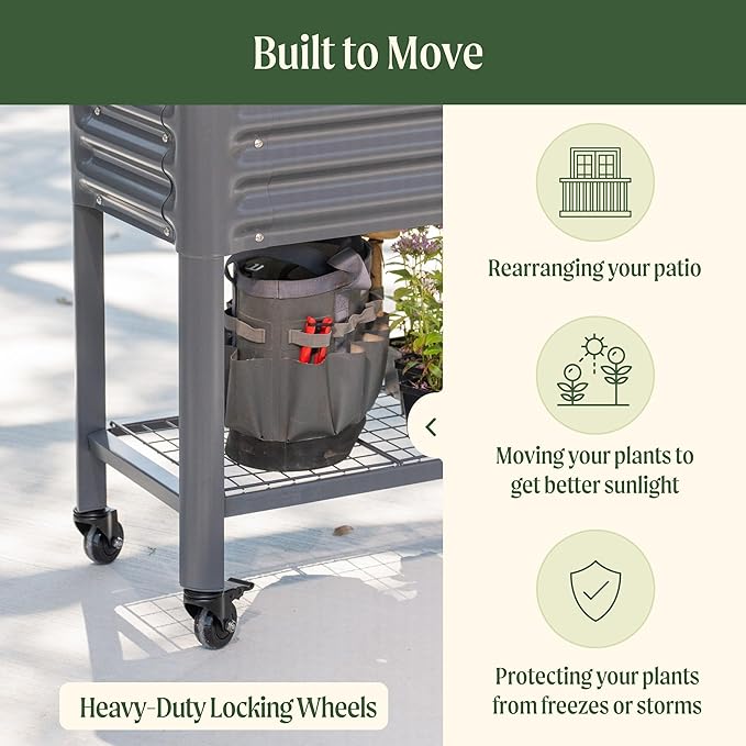 Rolling Elevated Raised Garden Bed - Slim Series, 1.5' x 3.5' Outdoor Planters Boxes with Legs & Storage Rack for Patio, 500 Lbs Weight Capacity, Raised Beds for Gardening Herbs Flowers, Olive Green