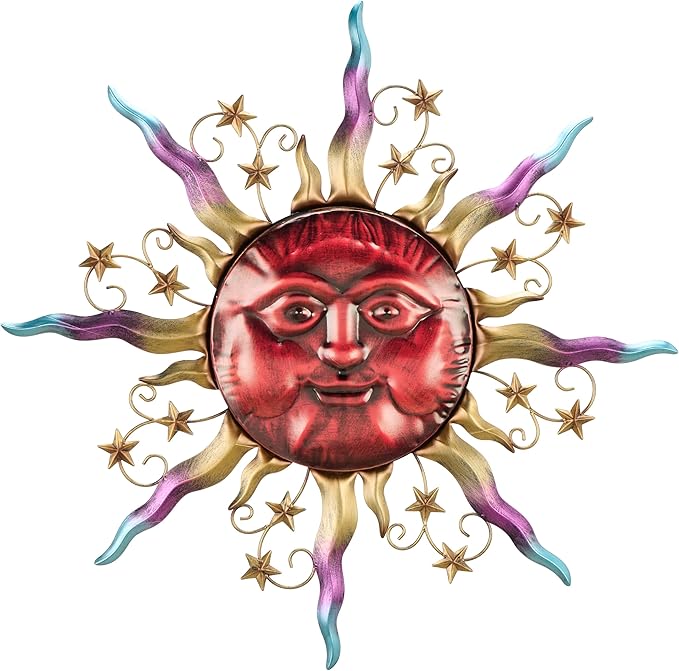 TERESA'S COLLECTIONS Outdoor Sun Metal Wall Art for Outdoor Decor,21" Red Sun Face 3D Wall Decor for Garden Decor,Rustic Retro Hanging Sculpture for Outside indoor Home Patio Farmhouse Gifts for Mom