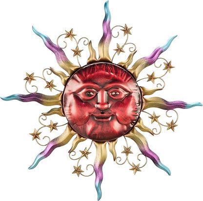 TERESA'S COLLECTIONS Outdoor Sun Metal Wall Art for Outdoor Decor,21" Red Sun Face 3D Wall Decor for Garden Decor,Rustic Retro Hanging Sculpture for Outside indoor Home Patio Farmhouse Gifts for Mom