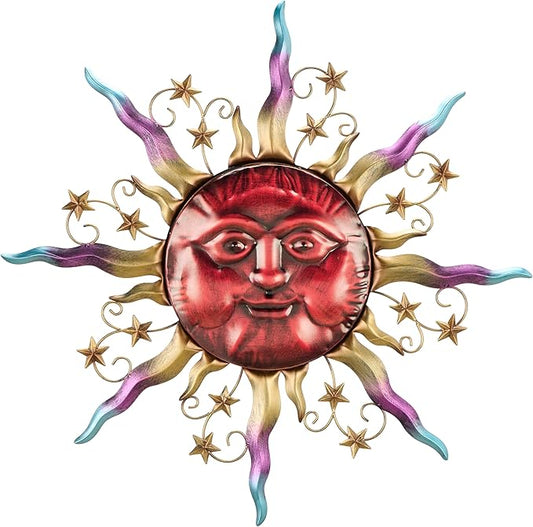 TERESA'S COLLECTIONS Outdoor Sun Metal Wall Art for Outdoor Decor,21" Red Sun Face 3D Wall Decor for Garden Decor,Rustic Retro Hanging Sculpture for Outside indoor Home Patio Farmhouse Gifts for Mom