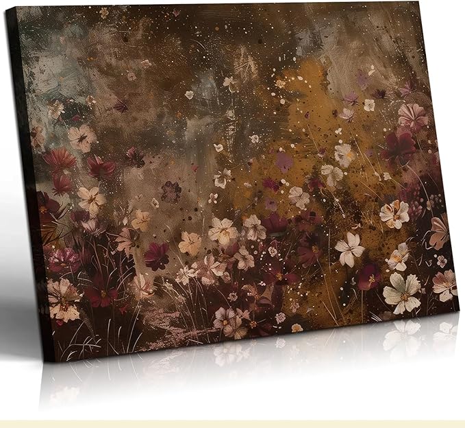 Framed Vintage Wildflower Wall Decor Dark Wildflower Print Country Floral Canvas Painting Nature Botanical Scenery Wall Decor for Farmhouse Living Room or Bedroom 16x24 Inch Ready to Hang