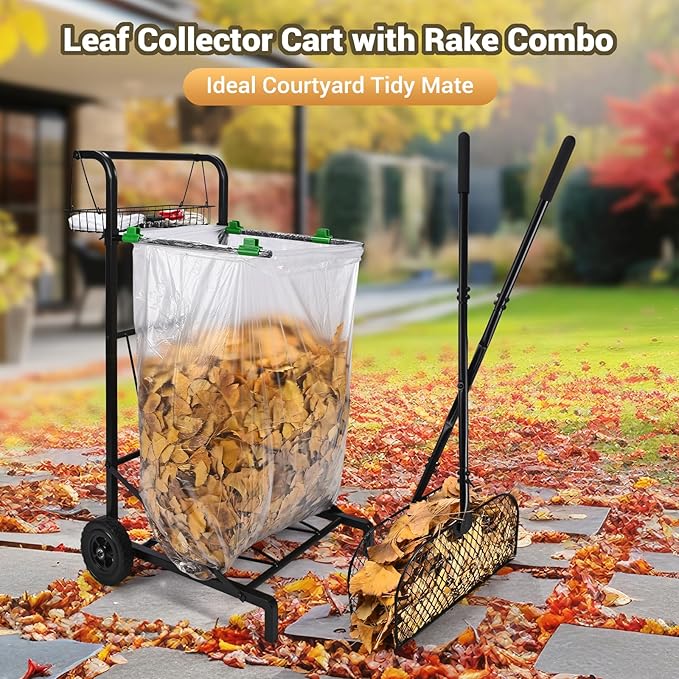 CAROD Leaves Grabber Rake with Leaf Bag Cart Combo, Lightweight Metal Leaf Grabber with Long Handle, Convenient Trash Bag Cart Holds 30-45 Gallon Trash Bags for Leaves Weeding Camping Party