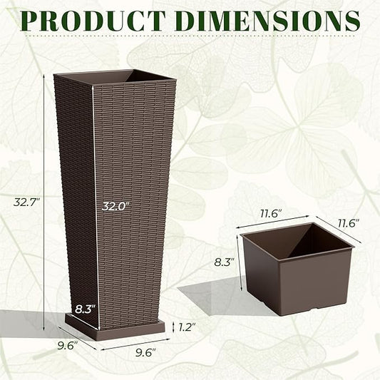 JUMMICO Set of 2 Resin Rattan Tall Planters for Outdoor Plants, Large Tapered Planters with Drainage Holes, Inner Trays and Outer Saucers, Flower Pots for Garden, Patio, Porch, Backyard (Brown, 32")