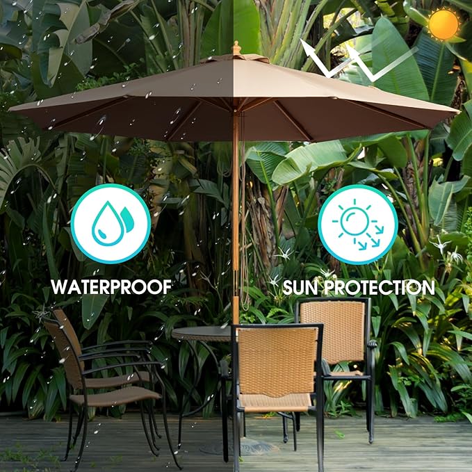 9FT Table Patio Outdoor Umbrella Market Round Umbrella with Pulley Lift Windproof & Waterproof, 8 Ribs with Polyester Cover for Garden, Deck, Pool, lawn, Backyard