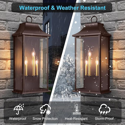 Dusk to Dawn Outdoor Wall Light 3-Light, 25.3" Large Outdoor Light Fixture, Oil Rubbed Bronze Exterior Wall Lantern, Waterproof Outside Wall Sconce for House Porch Patio
