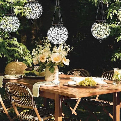 Solar Hanging Lantern Outdoor Garden Lights, Round Glass and Metal Hanging Lantern, 15 Firefly LED Lights, 7 x 20 Inch (Clear)