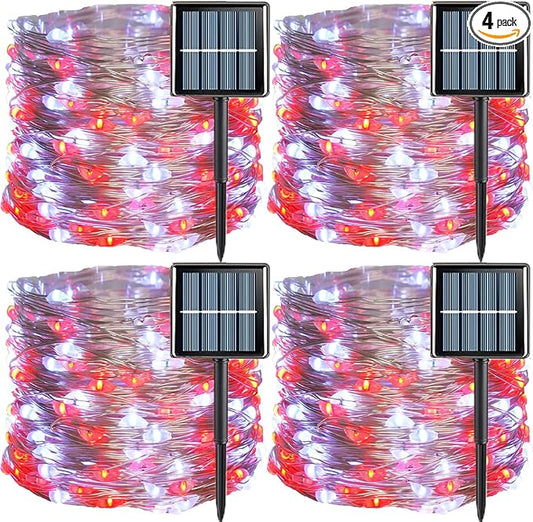 YEGUO 4 Pack Red and White Solar Fairy Lights, Each 33ft 100 LED Christmas Lights Outdoor Waterproof, 8 Modes Sliver Wire Solar String Lights