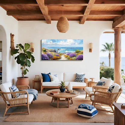 SERIMINO Coastal Wall Art, Oversized Wall Art, Beach Wall Decor, Blue Ocean Landscape Prints, Seashore Floral Large Pictures, Tropical Paintings for Living Room Office Bedroom Dining Room 29"x57"