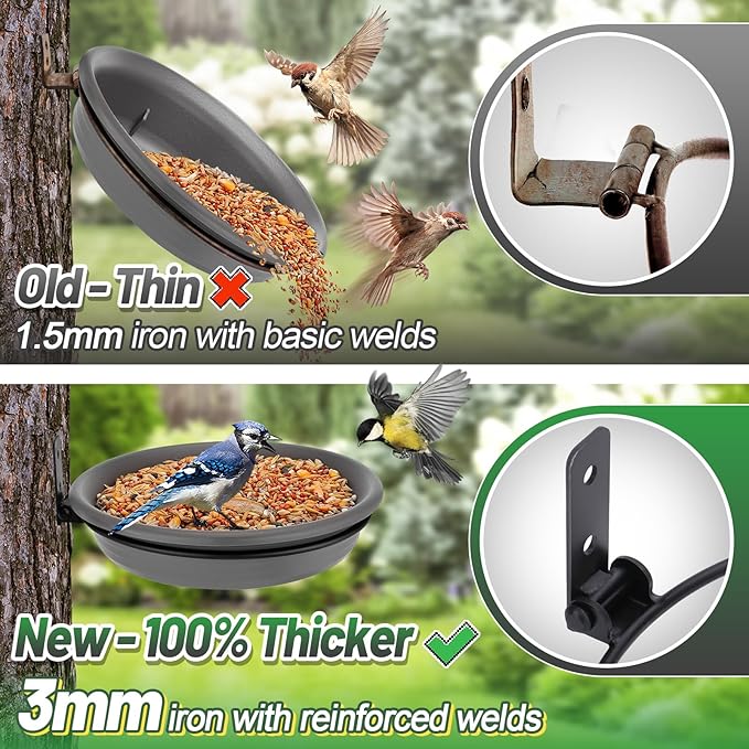 Fence Bird Feeders Tray - 2pcs Tree Mounted Wild Bird Bath for Outdoors Place Food Water, Installed on Deck Wall Stakes with Heavy Duty Iron Ring, 8.3'' Dia. (Grey)