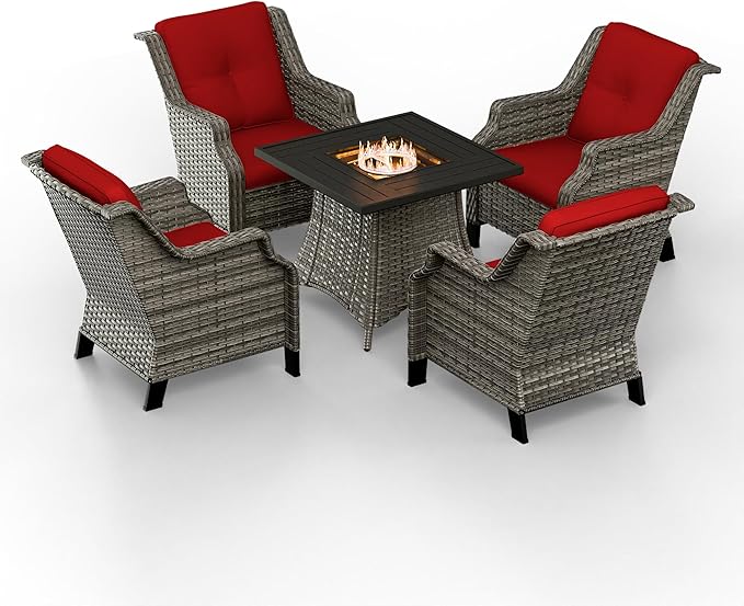 3-Piece Wicker Patio Furniture Set, 2 Armchairs and 1 Fire Pit, Conversation Set with Cushions, Red