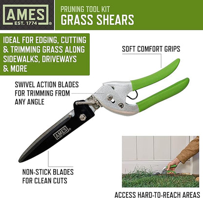 AMES 20213344 4-pc. Pruning Tools Kit with Bypass & Anvil Pruners, Garden Snips, Grass Shears & Canvas Case