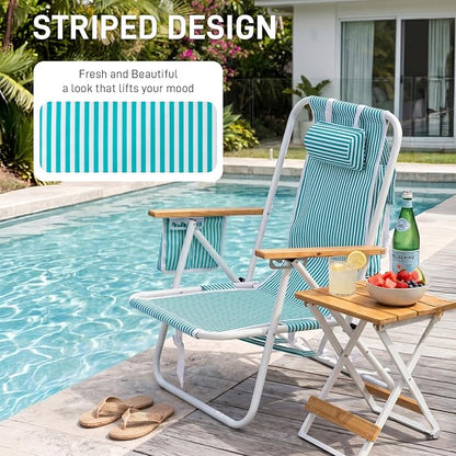 Outvita 2 Pack Folding Beach Chair, 4 Position Adjustable Reclining Lounge Chair with Padded Headrest, Large Rear & Side Storage Pockets, Lightweight Portable Outdoor Chair for Beach Pool Garden BBQ