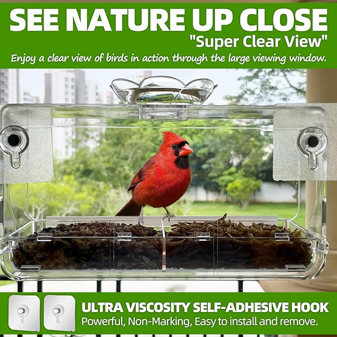 WENMIXER Window Bird Feeder with Non-Marking Self-Adhesive Hooks, Clear and Transparent, Outdoor Wild Bird Watching Gift, Garden Decor (Standard)