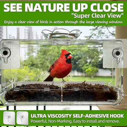 WENMIXER Window Bird Feeder with Non-Marking Self-Adhesive Hooks, Clear and Transparent, Outdoor Wild Bird Watching Gift, Garden Decor (Standard)