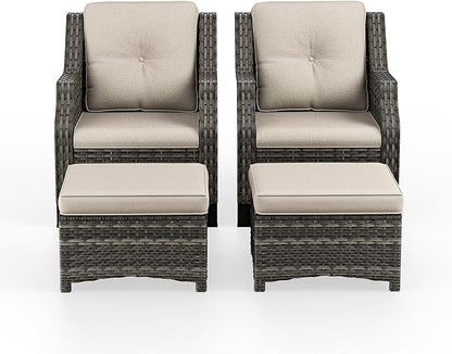 4 Piece Patio Furniture Set, 2 Chairs and 2 Ottomans PE Wicker Footstool, Outdoors Rattan Conversation Set with Deep Seating and Olefin Cushions, for Backyard, Garden, Beige
