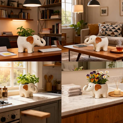 Large 9.1‘‘ Handmade Ceramic Elephant Planter Flower Pot with Drainage Hole for Succulents, Cactus, Air Plants | Indoor Outdoor Garden Patio Desk Home Decor | Gift for Plant Lovers