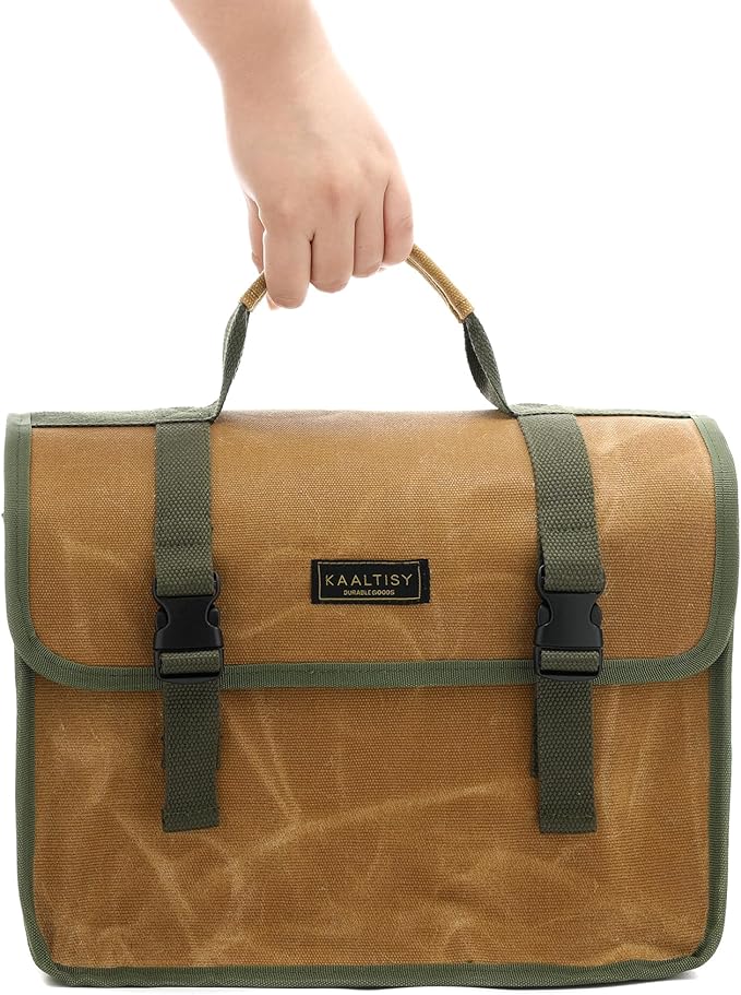 Tool Bag, Heavy Duty 16oz Waxed Canvas Tool Carrier, Multi-Purpose Tote Bag with 1 Large Capacity & 2 Side Pockets, Portable Tool Storage for Wrenches Chisels Scissors Hammer - Khaki