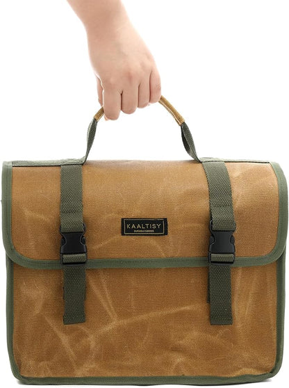 Tool Bag, Heavy Duty 16oz Waxed Canvas Tool Carrier, Multi-Purpose Tote Bag with 1 Large Capacity & 2 Side Pockets, Portable Tool Storage for Wrenches Chisels Scissors Hammer - Khaki