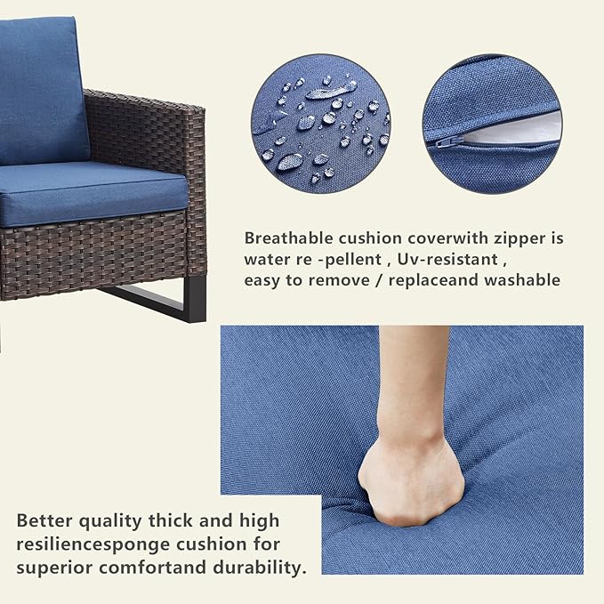 Rilyson Wicker Outdoor Patio Furniture Set - 6 Piece Patio Conversation Set with 2 Swivel Rocker Chairs,2 Rattan Ottoman,1 Couch and 1 Metal Side Table for Outside Porch Deck Backyard(Brown/Blue)