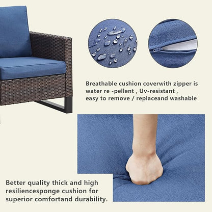 Rilyson Wicker Outdoor Patio Furniture Set - 6 Piece Patio Conversation Set with 2 Swivel Rocker Chairs,2 Rattan Ottoman,1 Couch and 1 Metal Side Table for Outside Porch Deck Backyard(Brown/Blue)