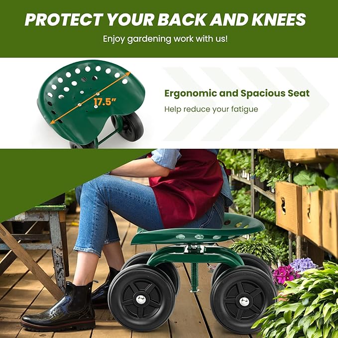 Giantex Garden Cart, Rolling Workseat with 4 Wheels, Garden Stool 360° Swivel Work Seat & Adjustable Height, Heavy Duty Wagon Scooter for Gardening for Patio Garden, Lawn, Yard (Green)