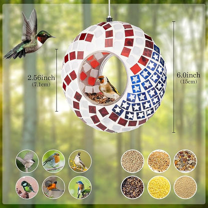 Backyard Expressions Hanging Glass Bird Feeder - Patriotic - Fly Through Bird Feeders for Outside, Mosaic Bird Feeder, Round Shape Wild Birdfeeder