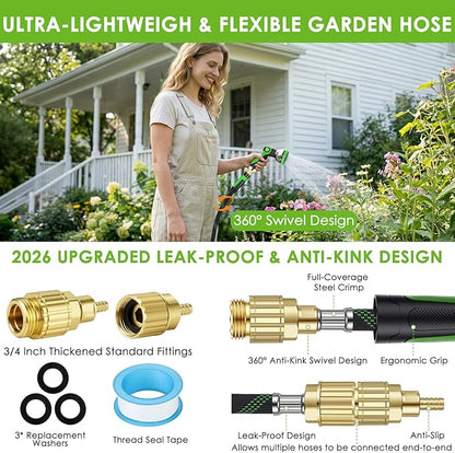 Garden Hose 150 ft, Non-Expandable Ultra-Lightweight Flexible Hose with 360° Dual-End Anti-Kink Design, 10-Pattern Spray Nozzle, 500 PSI Leak-Proof, 96-Strand Braided Fabric, Storage Strap