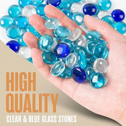 Houseables Glass Beads for Vases, Marbles for Vases, Glass Marbles, Blue & Clear Beads, Flat, Blue & Clear Gems, Filler, Crafts, Pebbles, Stones, Decorative Rocks, Plants, Flower, Fishbowl, 5LB, 500PC